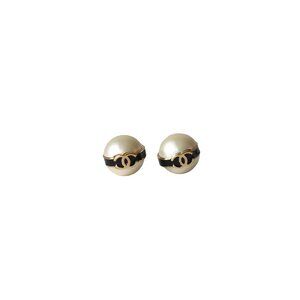 Chanel Metal CC Pearl Round Earrings Gold White Black